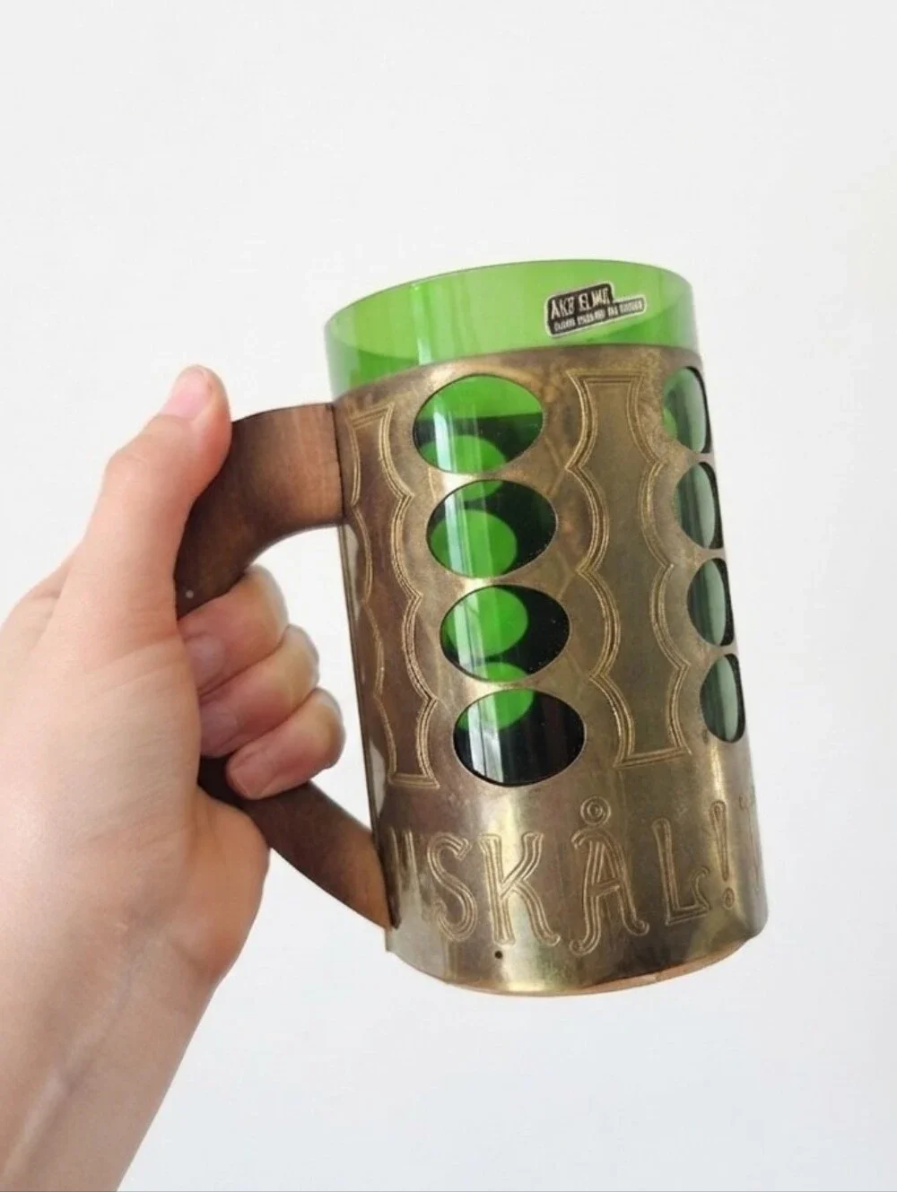 Vintage Swedish Green Glass Beer Mug Åke Elmer Hand Blown Metal Sleeve Mid-Centu